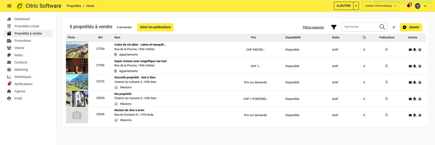 Interface du CRM immobilier Citric